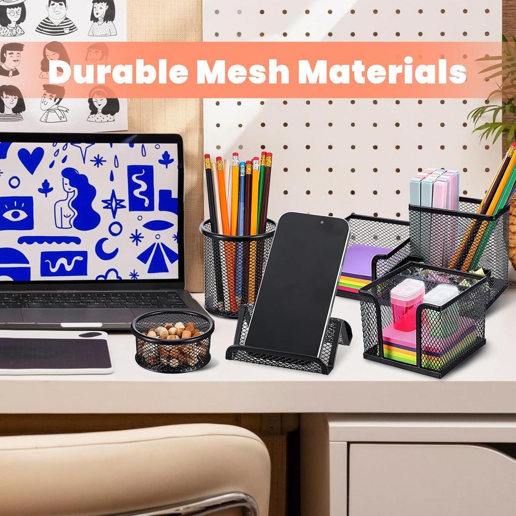 Black Mesh Pen Holder for Desk Pencil Holders 5 Pieces Desk Organizer Office Supplies Caddy with Sticky Notes Holder for Office Home