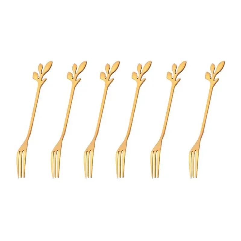 Creative Stainless Steel Leaf Shape Gold Flatware Fruit Fork Dinnerware Appetizer Snack Dessert Fork Kitchen Tableware 6Pcs