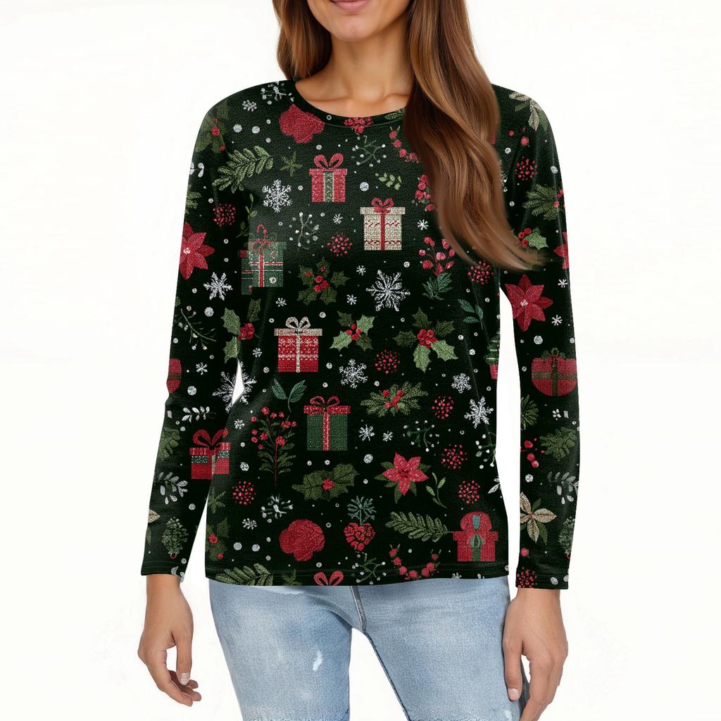 Women's Fashion Casual Long Sleeve  Print Round Neck Top