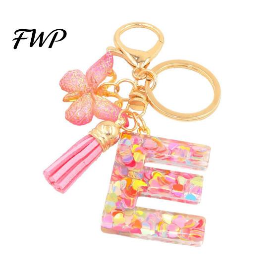 Initial Letter Charm Keychain Pink Series Pendant, Sequins Heart Key Chain with Holder Pendant Butterfly Tassel Design, A-Z for Bag Purse Backpack