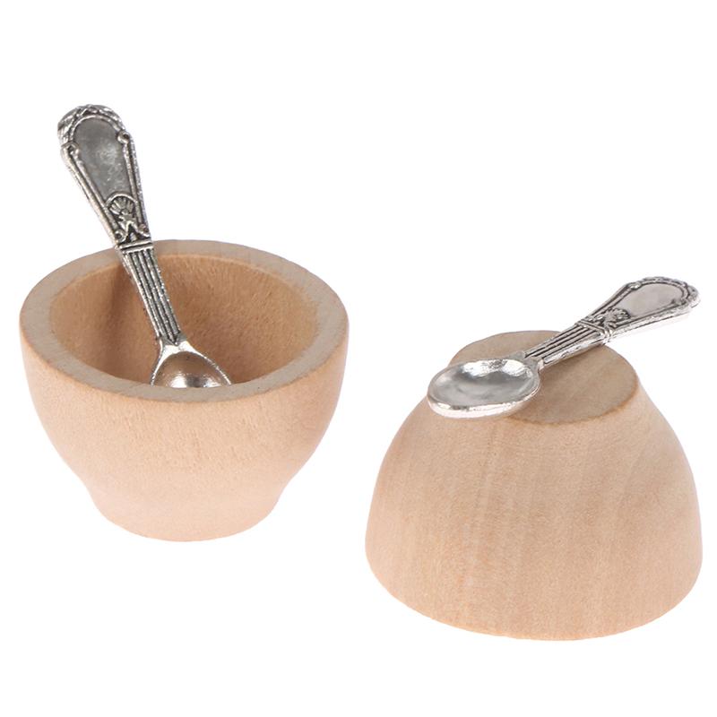 2Sets Dollhouse Miniature Furniture Tiny Wooden Bowl Featuring Metal Spoon Tableware Model DIY Dollhouse Kitchen Scene Accessories