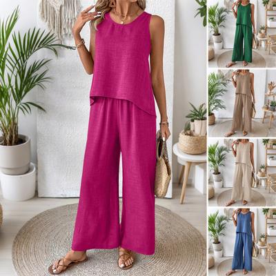 Women's Two Piece Lounge Set Summer Sleeveless Hollow Back Top Wide Leg Pants Set Casual Vacation Travel Outfits