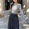 Slash Neck Striped Knitted T-shirt Spring Autumn Elegant Slim Female Clothing Fashion Flare Sleeve Korean Long Sleeve Pullovers