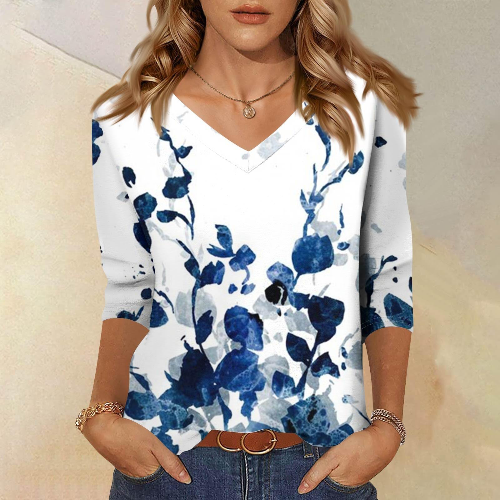 

Женские топы, рубашка с рукавом три четверти, свободная повседневная рубашка с V-образным вырезом, футболка с цветочным принтом XXXL синий