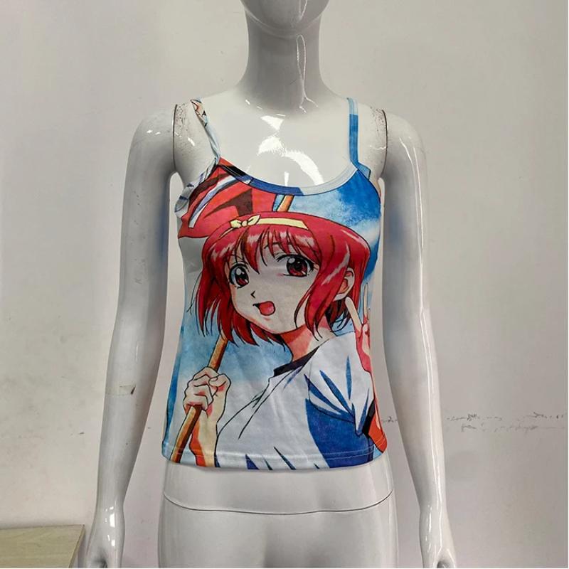 European and American Retro Gothic Women's Tight Y2K Cartoon Pattern Printed Tank Top