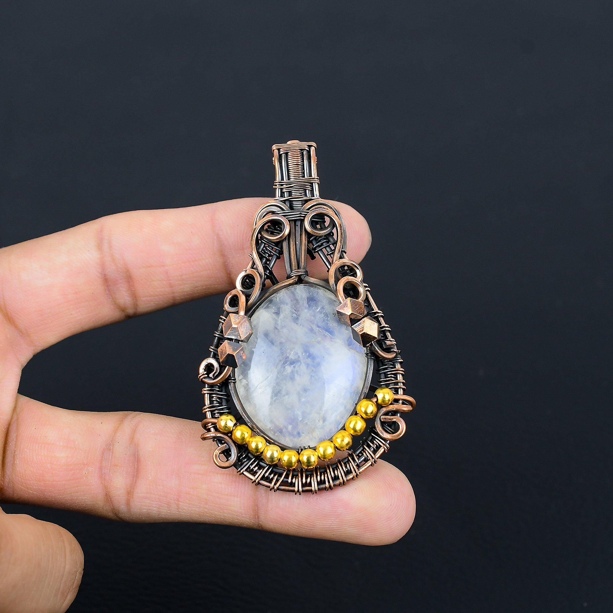 

Кулон из лунного камня, обернутый медной проволокой 999 пробы, кулон из драгоценного камня ручной работы, подарок для мамы, антикварное украшение 2.55 Inches