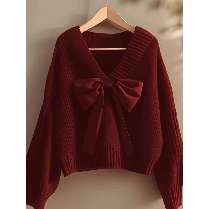 New bow purple knitted sweater lazy style fashion women's autumn new unique good-looking top