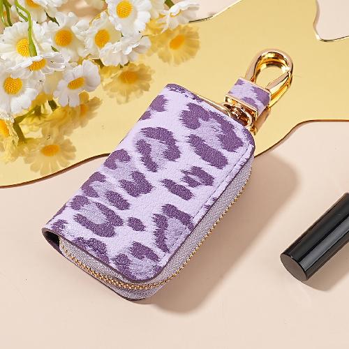 Leopard Pattern Car Key Case for Men and Women Motors Key Cover Leather Car Key Holder with Keychain Car Accessories Coffee Pink