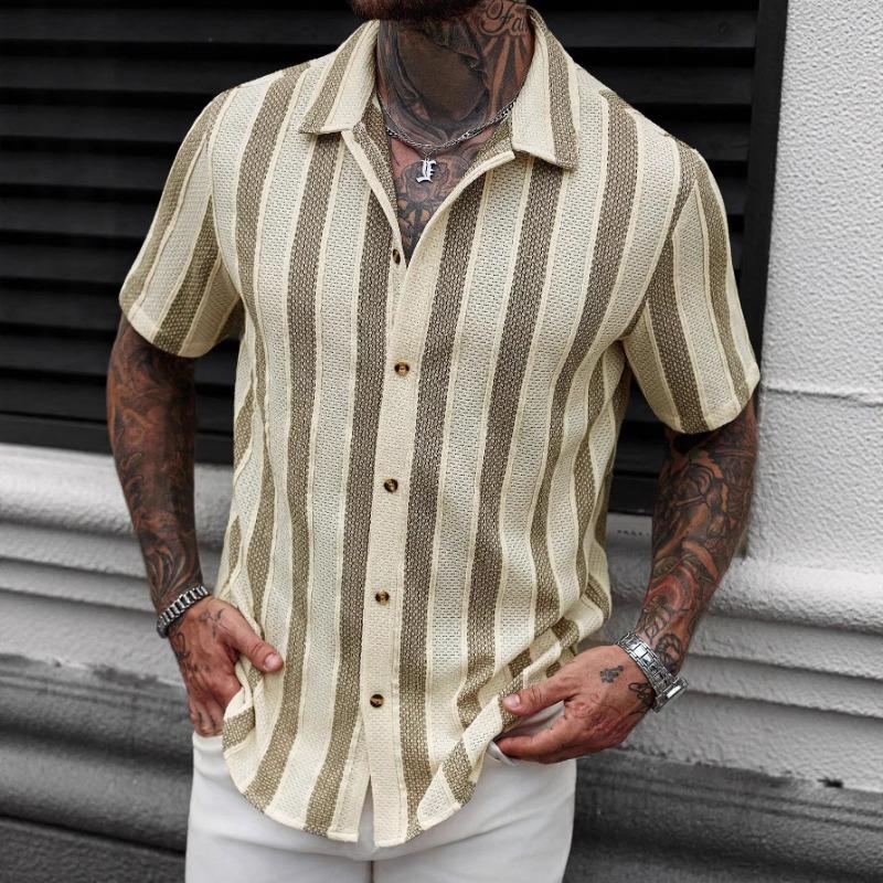 Men Vertical Stripe Hollow Out Cuban Collar Short Sleeve Loose Casual Button Down Shirt