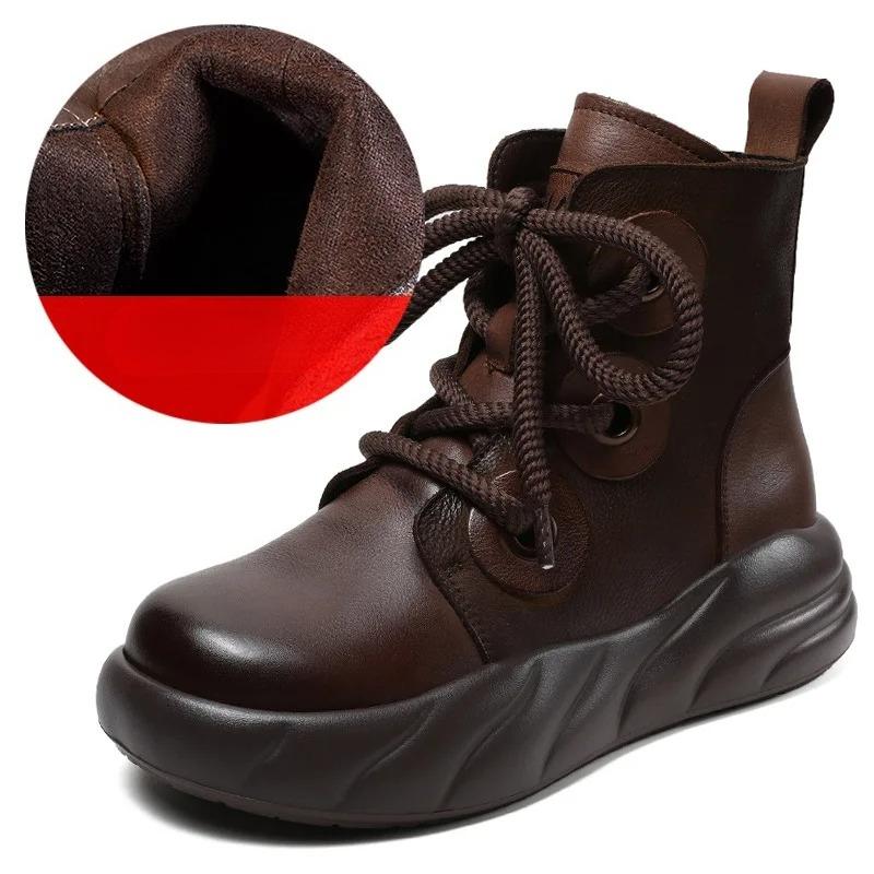 Johnature Genuine Leather Short Boots Retro Versatile Plush Warm Thick Bottom Side Zipper Women's Boots