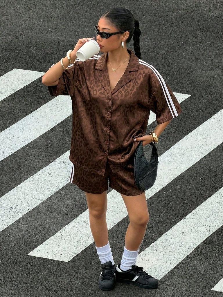 2026 New European and American Style Spice Girl Suit Leopard Print Satin Short-sleeved Shirt + High Waist Striped Shorts, Casual