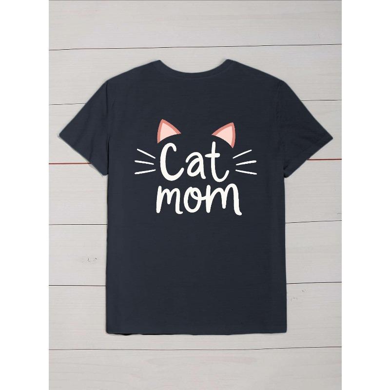 Women's Plus Size Cat Mom Graphic T-Shirt - Funny "Cat Mom" Text Athletic Top - Soft Breathable Shirt for Gym, Casual Outfits