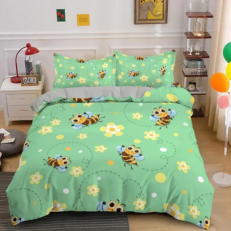 Cute Cartoon Bee Duvet Cover King Queen Sweet Honey Bedding Set Kids Boys Girl Spring Yellow Flying Insect Polyester Quilt Cover