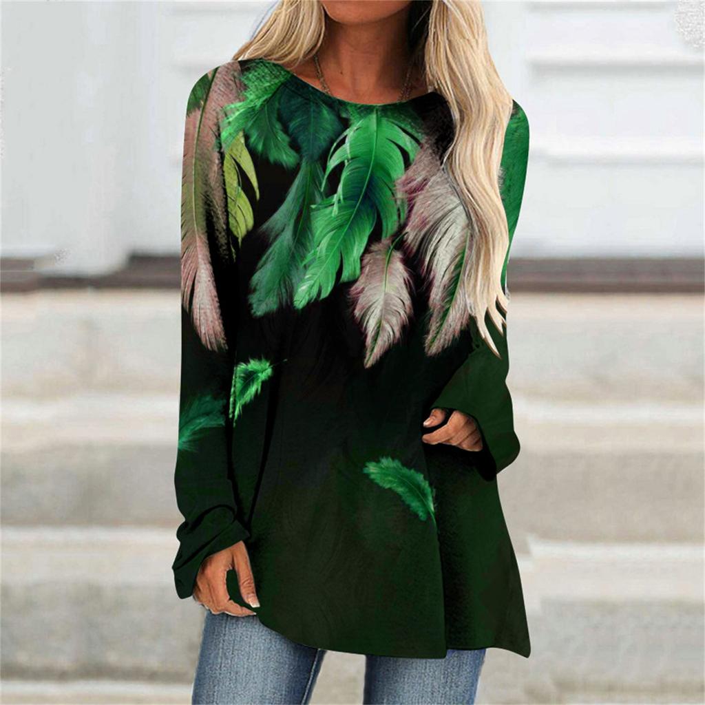 Fashion Womens Casual Loose Round Neck Long-sleeved Print T-shirt Tops