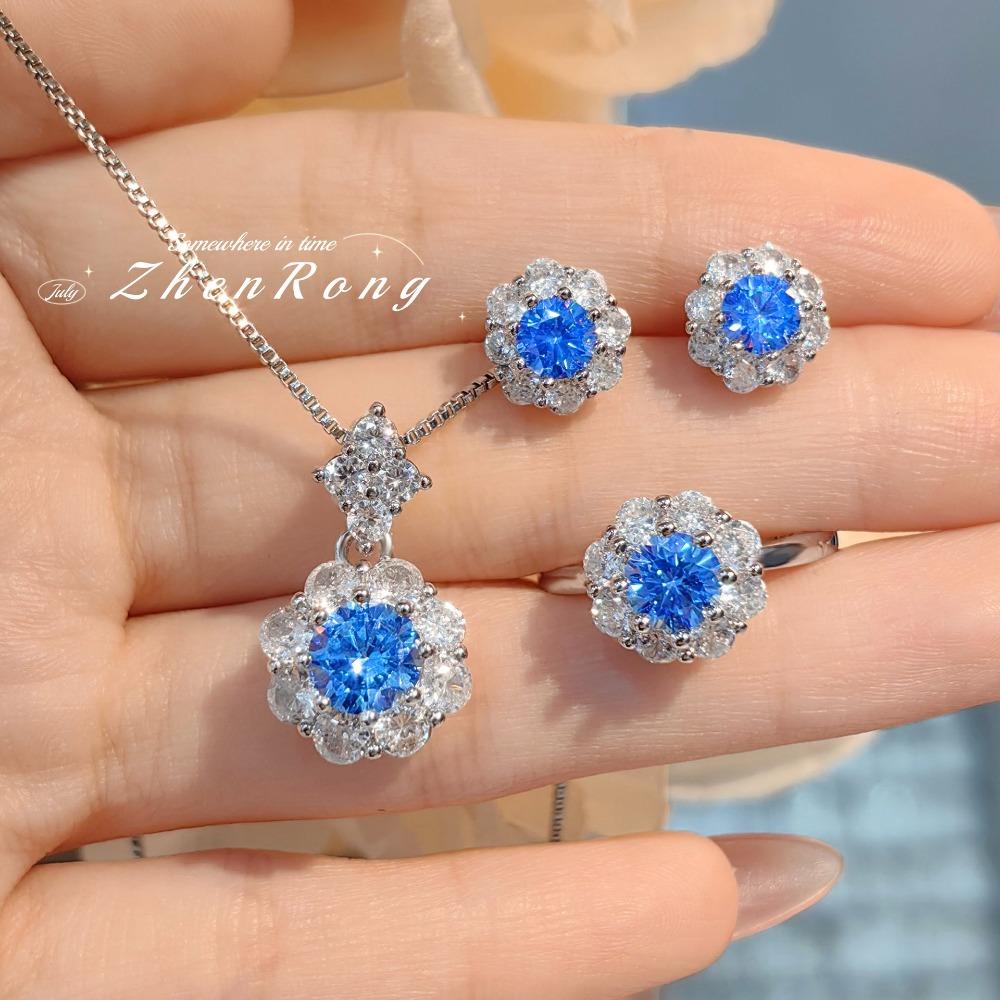 

Luxury Gemstone Jewelry Set High Carbon Blue Diamond Pendant Floral Plum Ring Minimalist Earrings Women Fashion