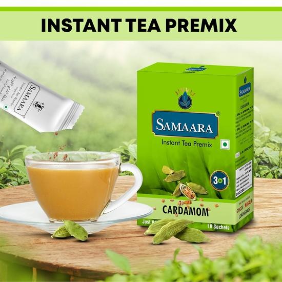 Samaara Instant Tea Premix Sachets | Cardamom Elaichi Flavoured Assam Black Tea Powder | 10 Sachets Box 150gm