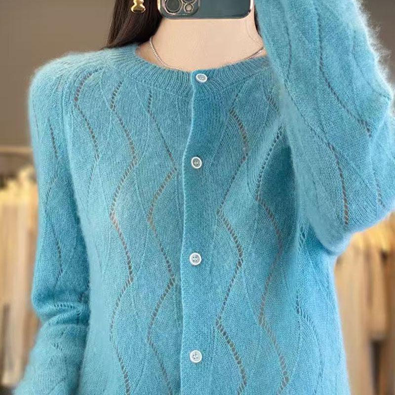2025 Women's Australian Wool Hollow Twist Knit Cardigan - Round Neck, Buttoned, Loose Fit, Slimming Sweater for Autumn/Winter