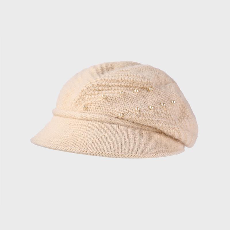 

Mother Rabbit Fur Hat Autumn Winter Pearl Velvet Knitted Basin Hat Middle-Aged and Elderly Ear Protection Warm Hat бежевий