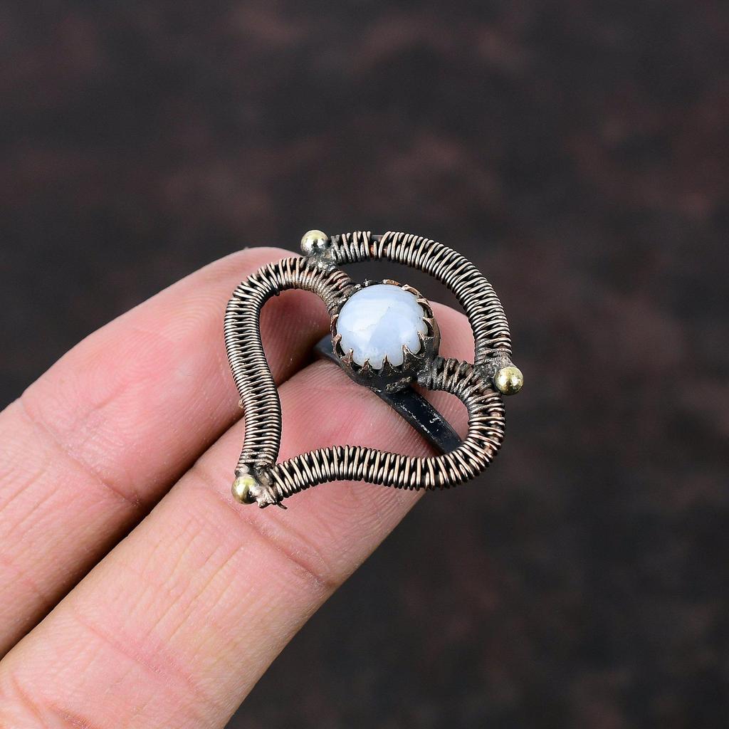 Anillo de ágata de encaje azul, anillo ajustable envuelto en alambre de cobre, anillo de piedra natal hecho a mano, increíble joyería de cobre, anillo de piedra preciosa natural, regalo para mamá