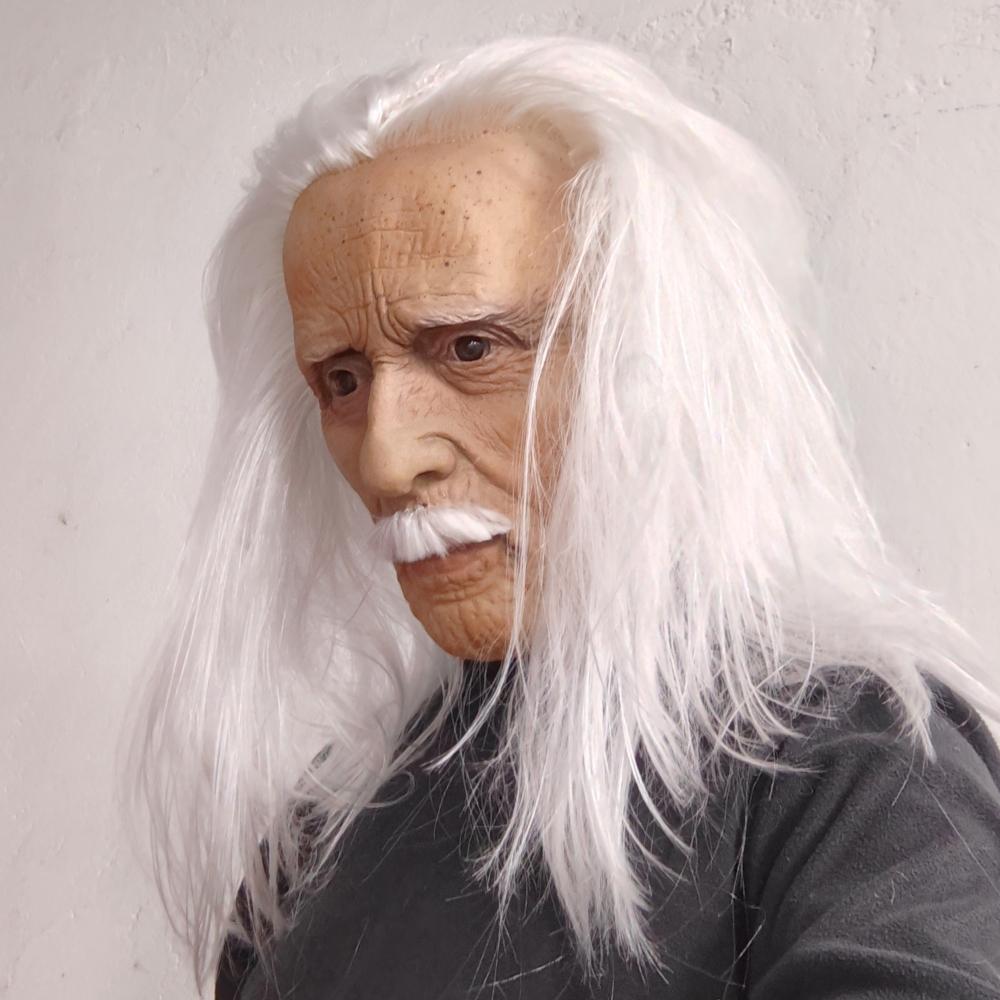 Realistic Full Head Latex Mask with Beard for Men Long White Hair Halloween Costume Party Prop Old Man Cosplay Headgear
