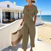 Women's 2 Piece Outfits Asymmetrical Hem V Neck Short Sleeve Ruched Top And Cropped Pants Set Summer Casual Lounge Sets