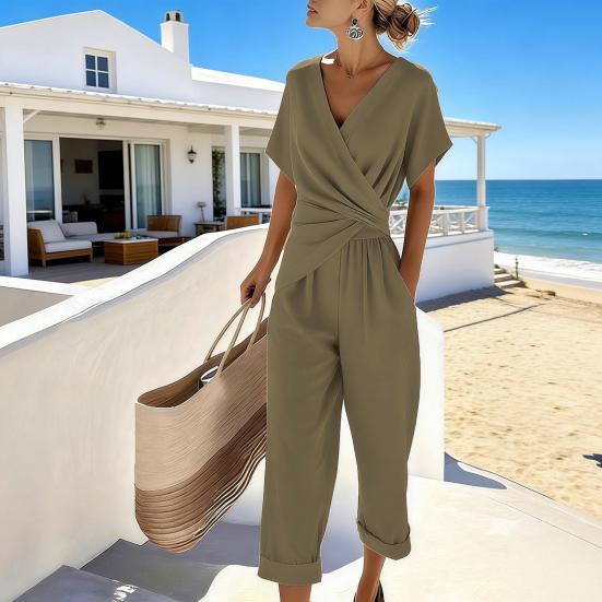 Women's 2 Piece Outfits Asymmetrical Hem V Neck Short Sleeve Ruched Top And Cropped Pants Set Summer Casual Lounge Sets