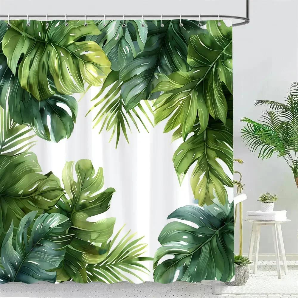 Beautiful Tropical Plant Leaves Shower Curtain Watercolour Palm Tree Leaves Printed Polyester Fabric Bath Curtain Bathroom Decor