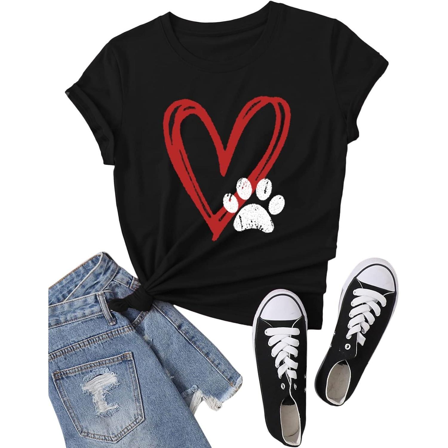 

Dog Shirts for Women Funny Dog Mom T-Shirts Love Heart Tshirts Summer Short Sleeve Tee Black S чёрный