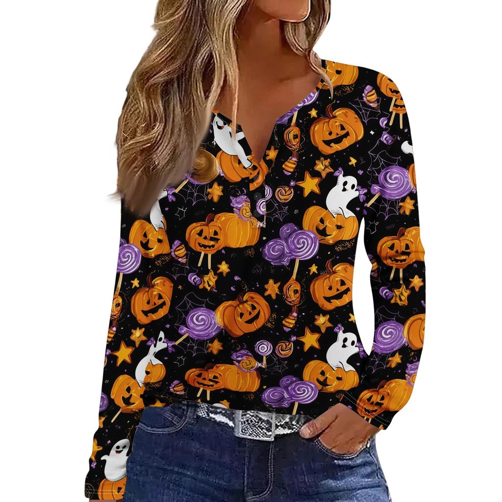Women's Casual Long Sleeve T-Shirt with Halloween Print V-Neck Button for Parties
