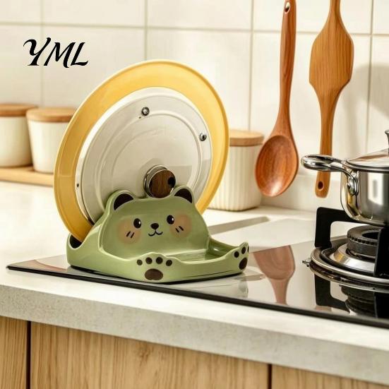 Kitchen Countertop Storage Cute Bear Pot Lid Holder for Countertop, Multipurpose ABS Practical Cooking Helper Plastic Spatula Spoon Rest, Easy
