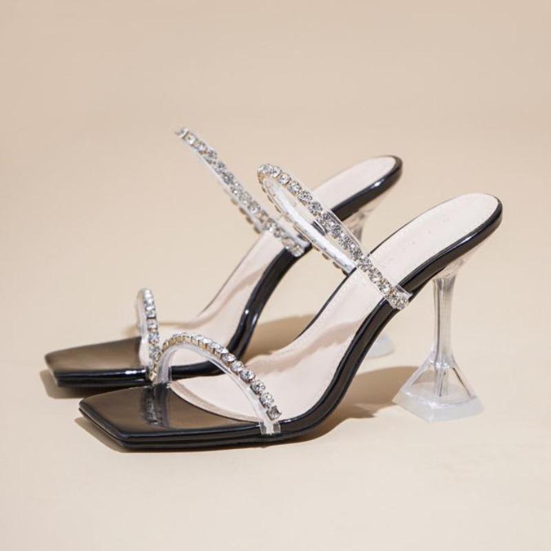 Fashion New Summer Sexy Fashion Open Toe Women's Sandals Water Diamond Shining Square Headed Banquet Women's High Heels Large Design