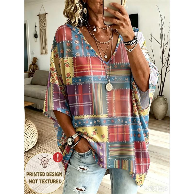 Damska Koszulka Plus Size z Dekoltem V i Rękawami nietoperzowymi Bohemian Etniczny Wzór Luźny Top Letni Wygodny Oddychający Codzienne Dojazdy Casualowy Model wyszczuplający