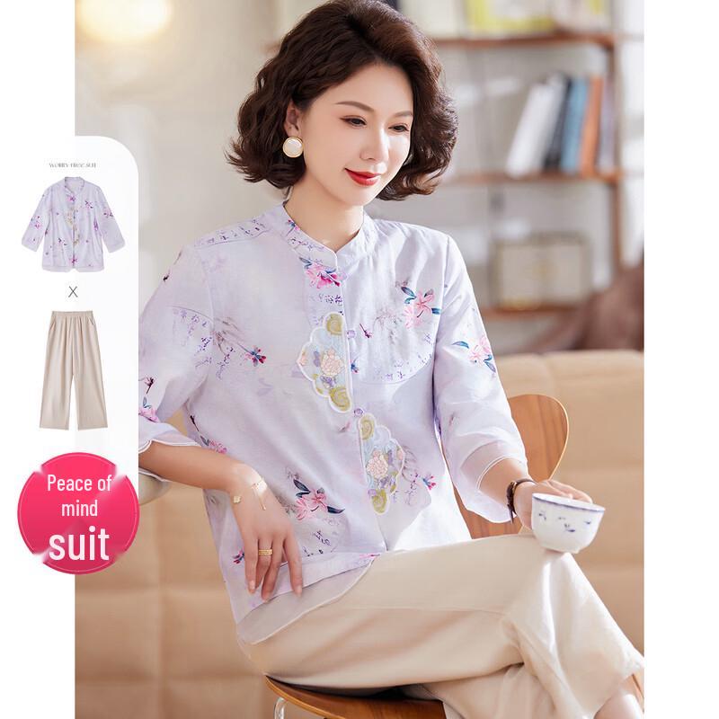 

Pastel Chinese Style Floral Print Stand Collar 3/4 Sleeve Top & Pants Set for Middle-Aged Women L