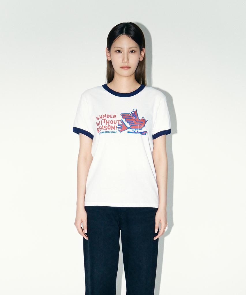 Laipeutaimkollegtibeu Ringer Bird Short Sleeve T-Shirt White Navy
