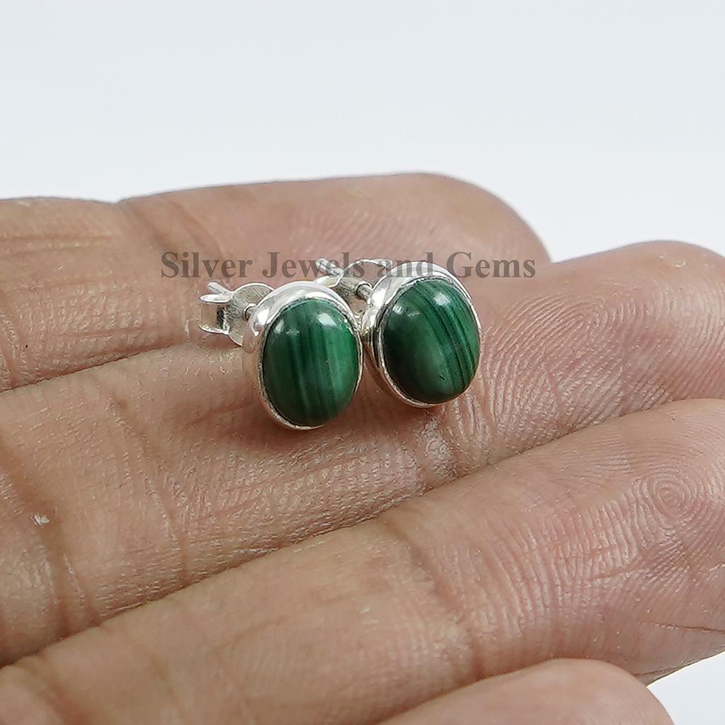 Natural Malachite Stud Earrings, Oval Tiny Stud Earrings, 925 Sterling Silver Green Gemstone Studs, Gift for Her