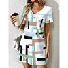 Fashionable Women's Summer Dress Colorful Geometric Plaid Print V-Neck Short Sleeve Casual Dress