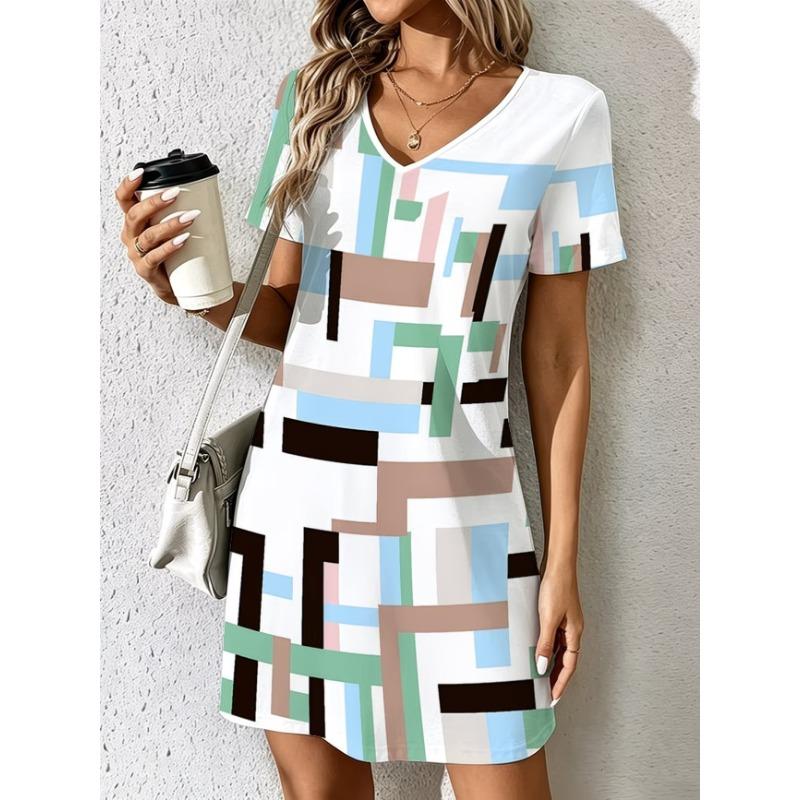 Fashionable Women's Summer Dress Colorful Geometric Plaid Print V-Neck Short Sleeve Casual Dress