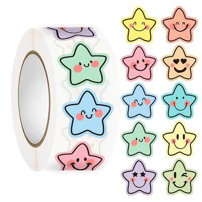 Colorful Star Expression Stickers Roll | Pastel Star-Shaped Labels with Cheerful Design, Self-Adhesive for Scrapbooking, Journals, Planners, Envelopes