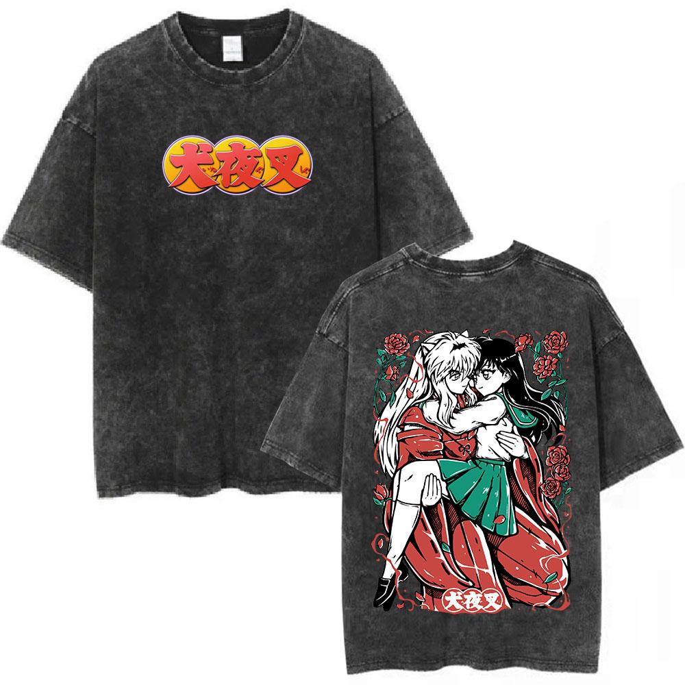 Washed Vintage Anime Inuyasha Sesshomaru Manga Graphics T Shirt Fashion Men Women Short Sleeve Cotton Loose Tshirt Streetwear