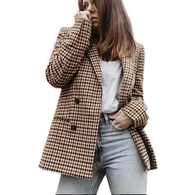 Women Plaid Blazer Spring Long Sleeve Double Breasted Checked Coat Formal Jacket Suit Lady Outerwear