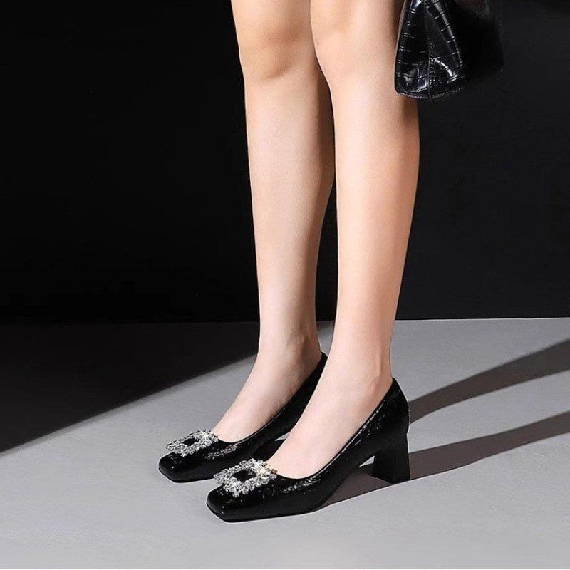Women's Thick Heel Shoes Fall New Square Head Shallow Mouth Crystal Buckle Anti-slip Wear-resistant Low-top Shoes