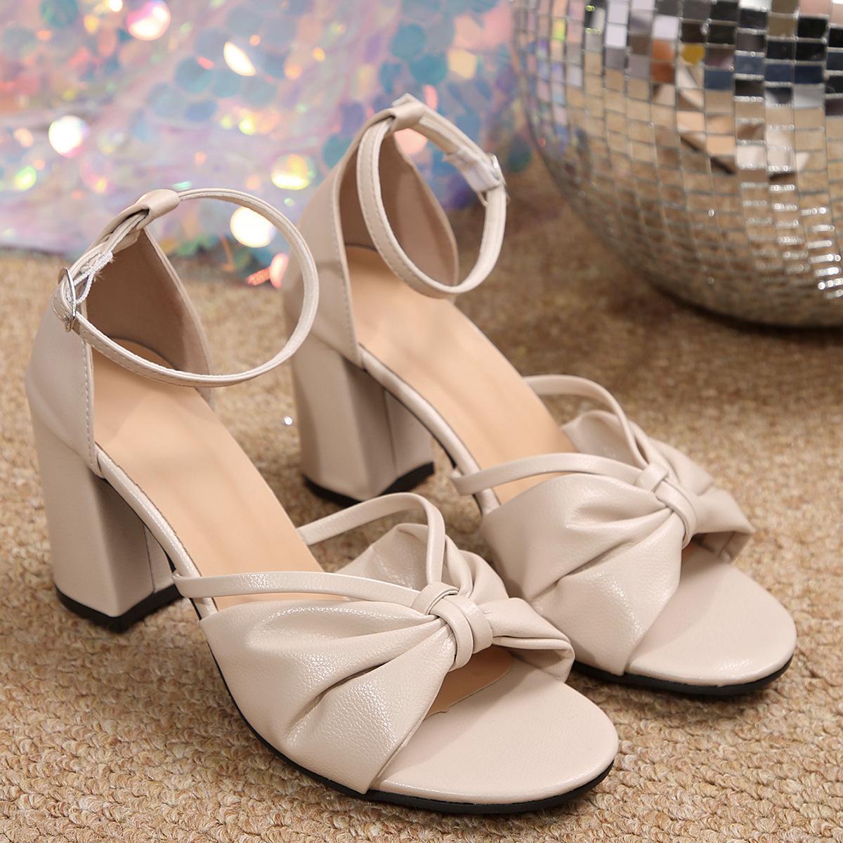 

Босоножки на грубом каблуке женские модные босоножки большого размера с заостренным носком 2025 года новые летние женские босоножки с бантом 43 абрикосовый