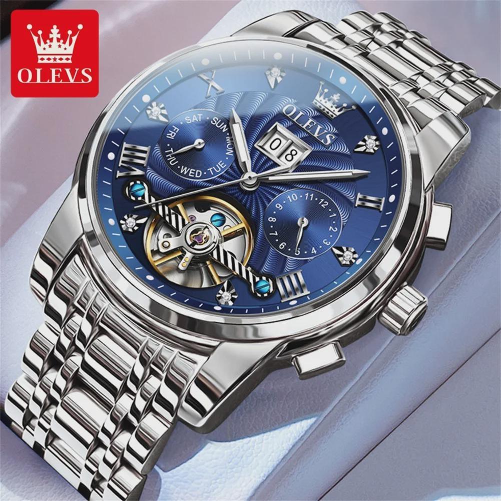 OLEVS Luxury Gold Tourbillon Mechanical Watch for Men Stainless Steel Waterproof Luminous Date Business Mens Watches
