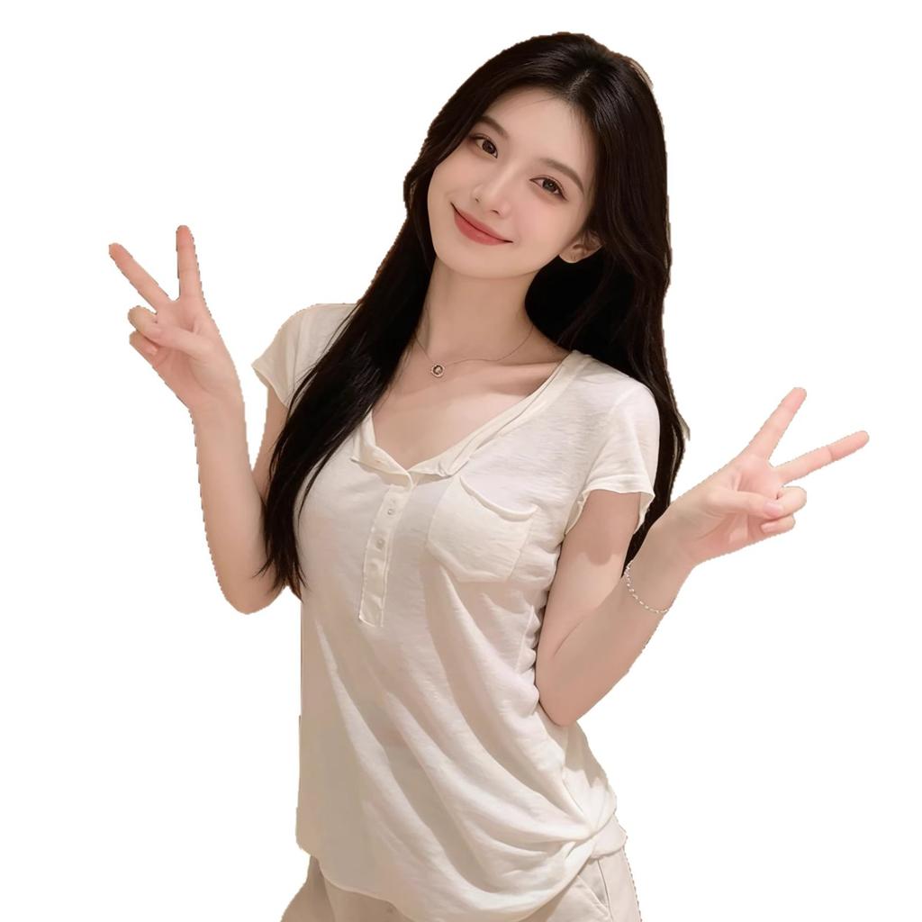 Korean Casual Style White U-neck Pocket Short-sleeved T-shirt Women's Summer New Minimalist Style Thin Slim Top