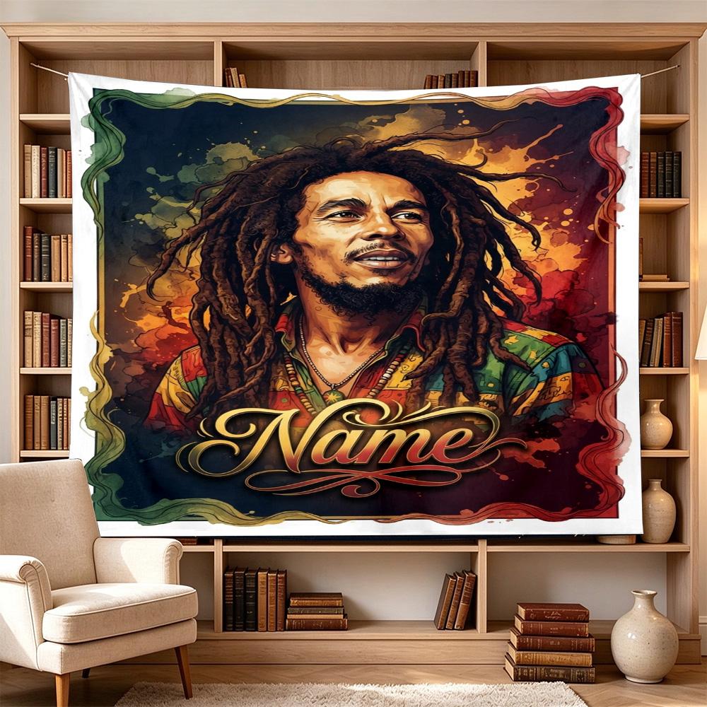 Bob Marley Rasta Reggae Art Personalized Name Clear Pattern Tapestry, Wall Decor for Apartment, Studio and Photoshoot Backdrop