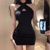 Black Cross Neck Dress Women's Summer Pure Desire Spice Girl Pleated Hip Wrap Short Skirt Slim Sexy Halter Skirt