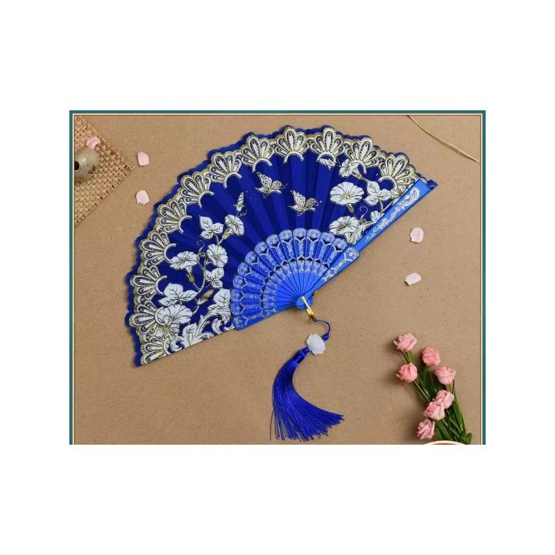 1Pc Chinese Ancient Style Flower Women Folding Fan with Tassel Fringe Hanfu Cheongsam Dance Fan Photo Props Summer Handheld Fan