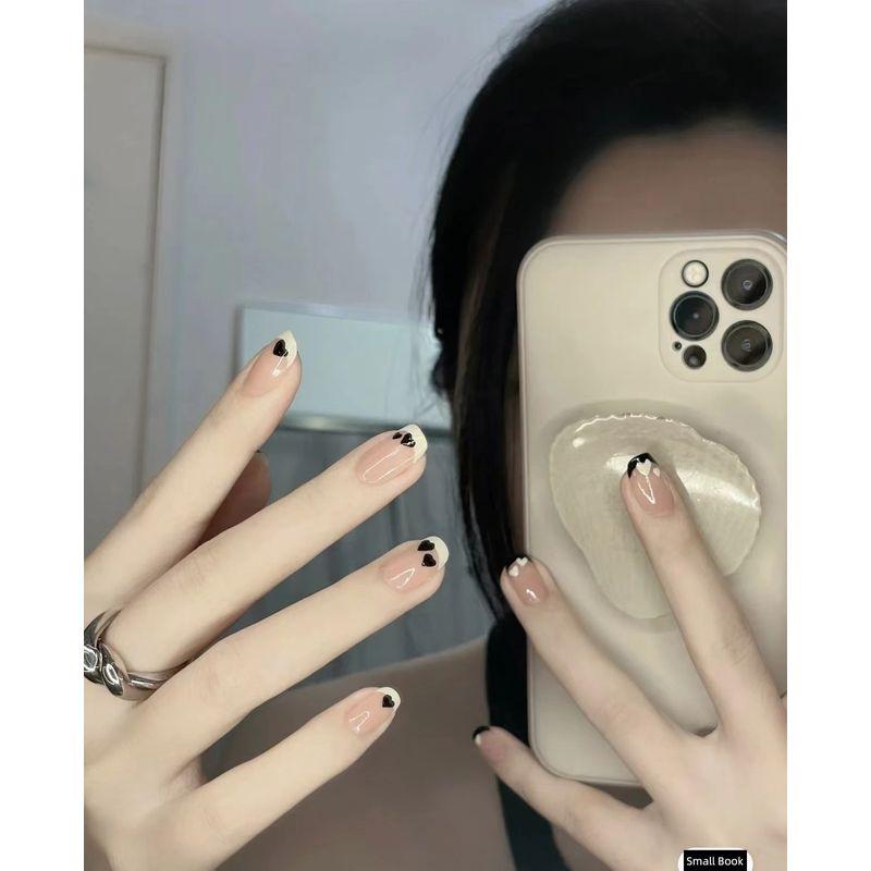 

Short Nail Patch Ins Style Sweet Cool Mandarin Duck Love Handmade Fake Nail Finished Product High Sense French style Wear Nail XS short square Mandarin duck Heart French