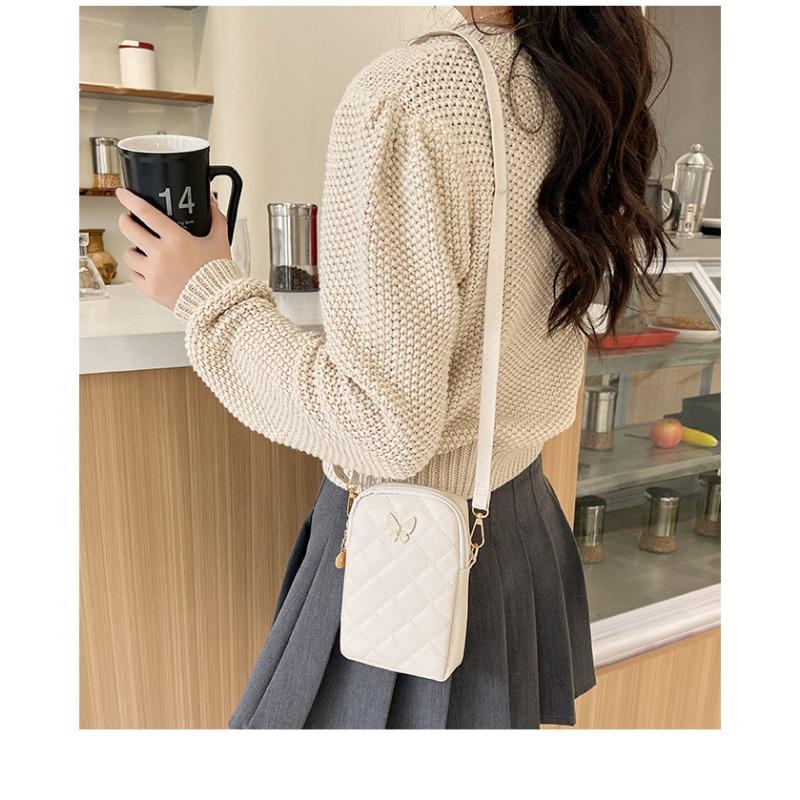 Quilted Mini Crossbody Bag Korean Style Floral Embroidered Phone Purse with Butterfly Detail