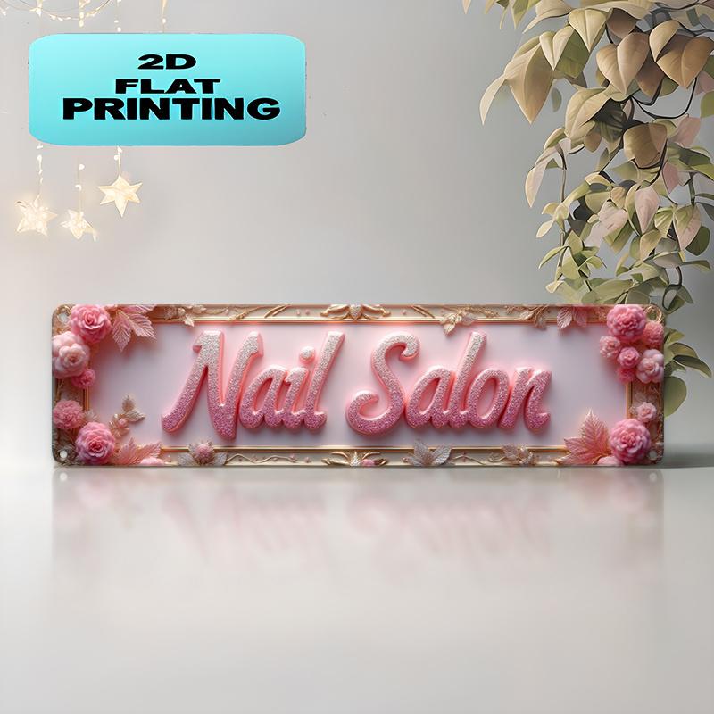 2D Flat, 2D Flat - Vintage Nail Salon Metal Sign, Measuring 10.16 X 40.64cm, Featuring a Rustic Red and White Color Scheme. Perfect for Decorating Hom